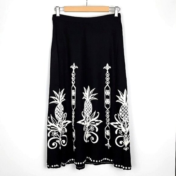 Faith Resortwear Black Long A-Line Skirt White Pineapple Print Sequins Sz Small - Picture 1 of 14